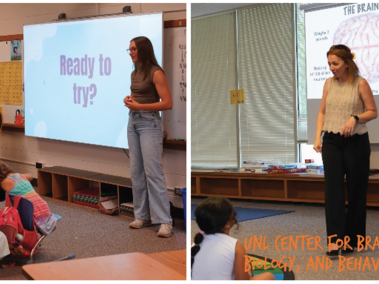 Stills of Alisha and Hillary introducing elementary school children to the brain and the impact of TBI